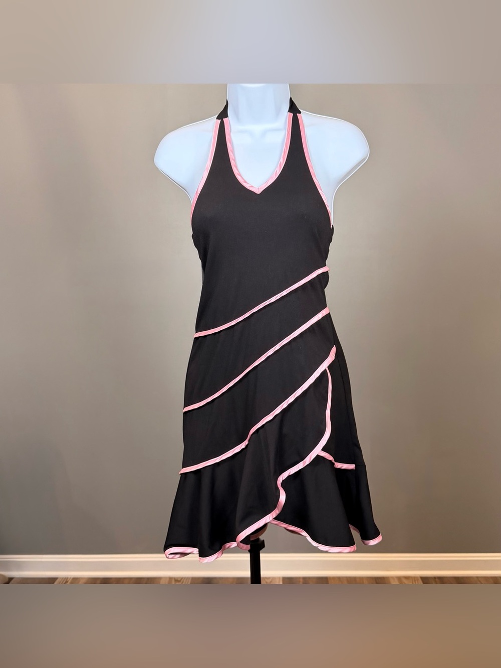 Vintage Limited Too Y2K Halter Dress Black Pink Ruffle Trim Fit Flare Size 10 XS